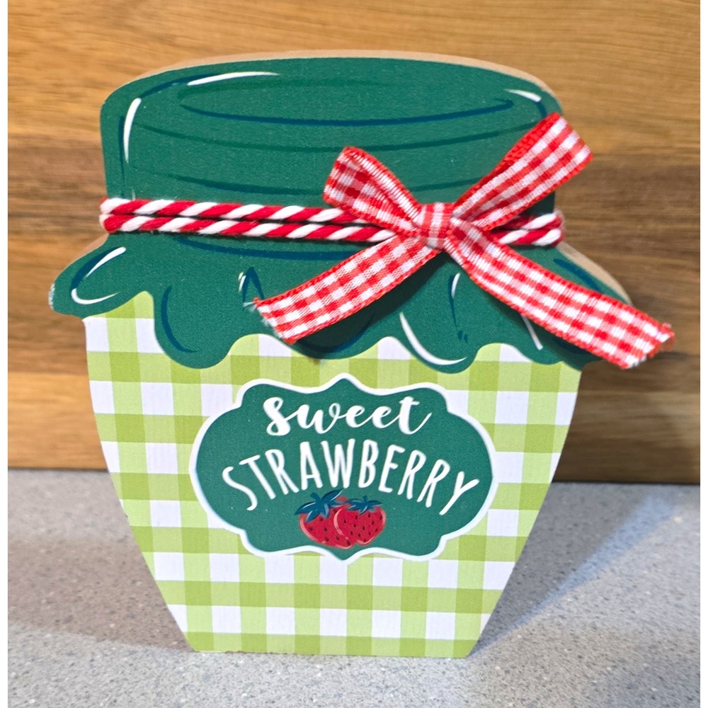 Wood Freestanding Plaque "Sweet Strawberry" Jam Jar Shape Gingham Bow 6"